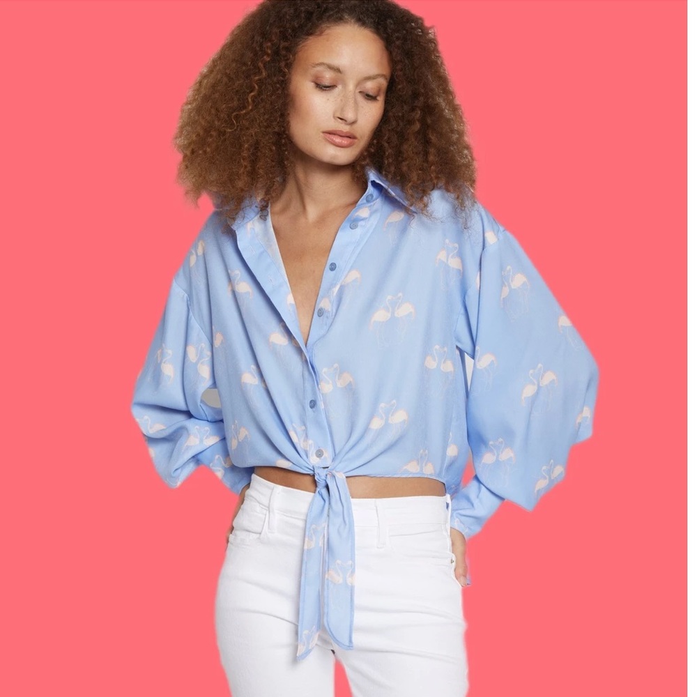GILNER FARRAR Button Down Tie Front Flamingo Shirt Pink Blue Size Small